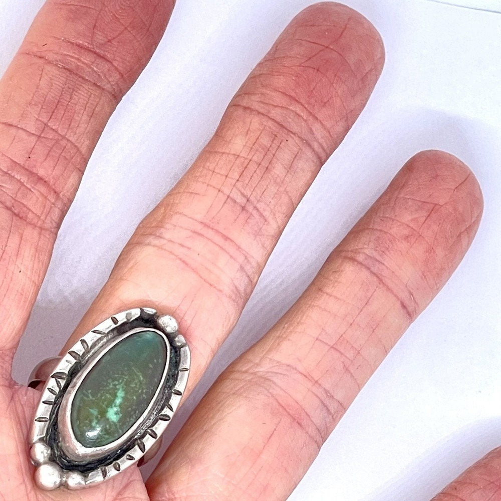 VTG Navajo Royston Turquoise Ring Sz 8 Long Stamped Sterling Silver 10g 1960 70s - Picture 2 of 5